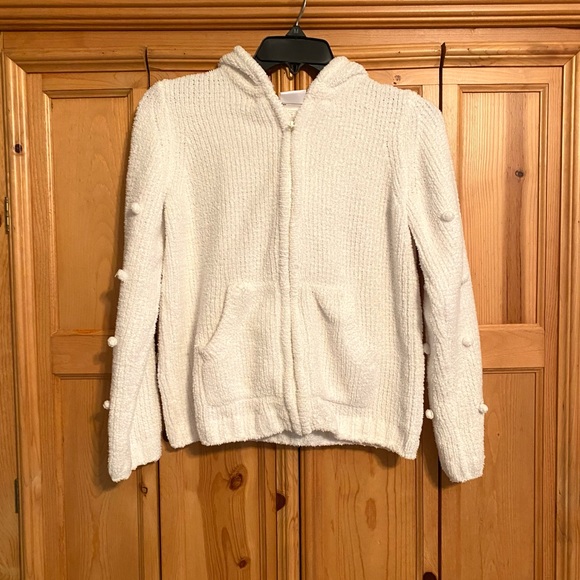 Hanna Andersson Other - Hanna Andersson White Hooded Cardigan Sweater Zip Up Pom Poms Size 140 US 10